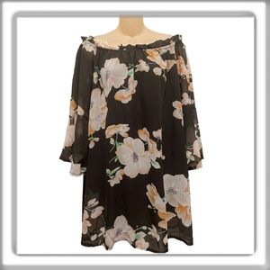 White Mark Black Floral On Off Shoulder Lined Tunic Sheer Sleeves Size 2XL NEW!